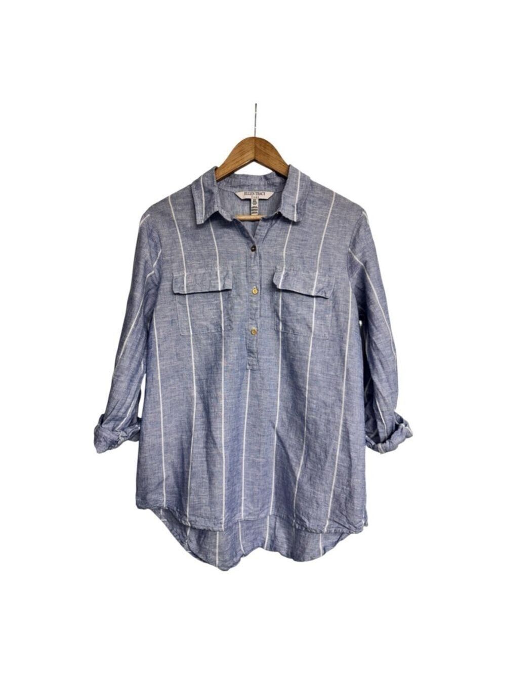 Coastal Linen Blend Striped Blouse Roll Tab Sleeve Shirt Ellen Tracy M